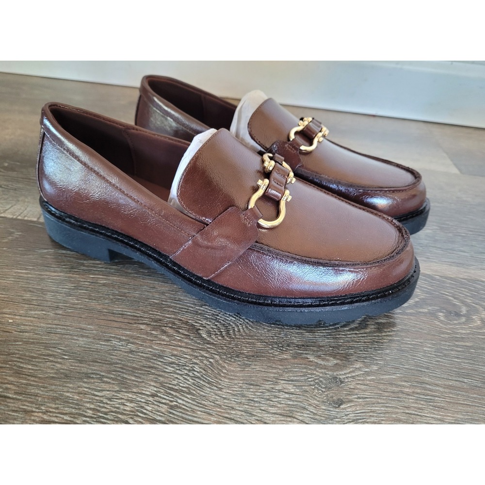 Anne Klein Ezra Cognac Crinkle Horsebit Lug Sole Loafers EZRA01F9 Womens 9M